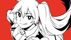 Rule 34 | 1girl, :q, asada hachi, blazer, boku no hero academia, collared shirt, commentary request, floating hair, hair between eyes, jacket, kendou itsuka, long hair, monochrome, necktie, red background, red theme, school uniform, shirt, side ponytail, simple background, solo, tongue, tongue out, u.a. school uniform, upper body