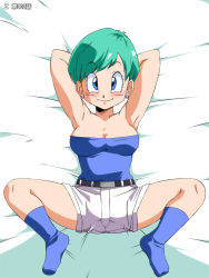 Rule 34 | 1girl, alternate hairstyle, amedama akihito, aqua hair, armpits, arms behind head, arms up, bare arms, bare legs, bare shoulders, bed, belt, blue eyes, blue socks, blue tube top, blush, breasts, bulma, cleavage, closed mouth, dragon ball, dragonball z, earrings, feet, female focus, from above, full body, groin, jewelry, legs, looking at viewer, lying, medium breasts, old school academy, on back, on bed, short hair, shorts, smile, socks, solo, spread legs, strapless, stud earrings, thighs, tube top, white shorts