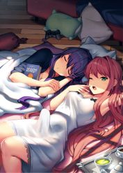 Rule 34 | 2girls, arm behind head, armpits, blanket, book, brown hair, bulge, controller, cup, doki doki literature club, erection, erection under clothes, futanari, game controller, green eyes, hair down, hair ornament, hairclip, highres, long hair, looking at viewer, lying, monika (doki doki literature club), morning wood, multiple girls, official art, on back, on floor, on side, one eye closed, open mouth, pillow, purple hair, satchely, sleeping, teacup, third-party edit, tray, under covers, very long hair, waking up, window shadow, wooden floor, yawning, yuri (doki doki literature club)