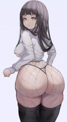 Rule 34 | 1girl, absurdres, ass, backless panties, black hair, black legwear, blunt bangs, breasts, crop top, cropped sweater, female focus, fishnet legwear, fishnets, from behind, highres, hime cut, huge ass, hyuuga hinata, inovy, long hair, looking back, naruto, naruto: the last, naruto (series), naruto shippuuden, no bra, panties, purple eyes, purple hair, revealing clothes, sideboob, simple background, solo, sweater, thick thighs, thighs, underboob, underwear