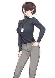 Rule 34 | 1girl, arm at side, blush, breasts, brown eyes, brown hair, brown pants, contrapposto, earrings, grey pants, hand in pocket, highres, id card, jewelry, lanyard, large breasts, looking at viewer, norman maggot, office lady, olive laurentia, olive laurentia, original, pants, pixie cut, shirt tucked in, short hair, simple background, smile, solo, standing, stud earrings, sweater, turtleneck, turtleneck sweater, white background