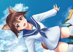Rule 34 | 1girl, animal ears, blue neckerchief, blue sailor collar, brown eyes, brown hair, cloud, dog ears, dog tail, long sleeves, looking at viewer, miyafuji yoshika, mugiaki, neckerchief, one-piece swimsuit, open mouth, sailor collar, school swimsuit, short hair, sky, solo, strike witches, striker unit, swimsuit, swimsuit under clothes, tail, twitter username, world witches series