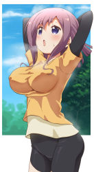 Rule 34 | 1girl, arms behind head, awa, bike shorts, black shorts, blue eyes, blush, breasts, breath, covered erect nipples, day, highres, kyouzuka shion, large breasts, layered sleeves, long sleeves, open mouth, outdoors, purple hair, shirt, short over long sleeves, short sleeves, shorts, slow start, solo, stretching, sweat, t-shirt