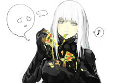 Rule 34 | ..., 1girl, bad id, bad pixiv id, blame!, bodysuit, cheese trail, cibo, eating, female focus, food, food on clothes, highres, iko, musical note, orihika, pizza, pizza slice, quaver, grey eyes, silver hair, simple background, solo, speech bubble, spoken ellipsis, spoken musical note, upper body, white background