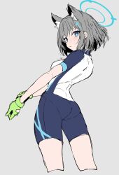 Rule 34 | 1girl, blue archive, blue eyes, gloves, green gloves, grey background, grey hair, highres, impossible clothes, looking back, shiroko (blue archive), short hair, solo, urota shimapann