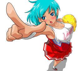 Rule 34 | 1girl, aqua hair, armpits, bikini tan, blue eyes, blue hair, blush, breasts, cheerleader, cleavage, dark-skinned female, dark skin, foreshortening, from above, huge breasts, large breasts, matching hair/eyes, open mouth, pointing, pom pom (cheerleading), redlark, short hair, simple background, solo, standing, tan, tanline, vector trace, white background