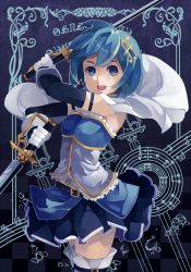 Rule 34 | 10s, 1girl, :d, arm up, bad id, bad pixiv id, blue eyes, blue hair, cape, fortissimo, gloves, hair ornament, hairclip, hairpin, holding, holding sword, holding weapon, magical girl, mahou shoujo madoka magica, mahou shoujo madoka magica (anime), mahou shoujo madoka magica movie 1 &amp; 2, matching hair/eyes, miki sayaka, musical note, musical note hair ornament, open mouth, rapier, reborn 10, skirt, smile, solo, sword, thighhighs, weapon, white gloves, zettai ryouiki