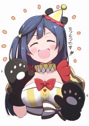Rule 34 | 1girl, :d, ^ ^, animal hands, black hair, blush, breasts, cleavage, closed eyes, cropped torso, gloves, hat, infinity! our wings!!, long hair, love live!, love live! nijigasaki high school idol club, medium breasts, mittens, neck ruff, official alternate costume, one side up, open mouth, paw gloves, puffy short sleeves, puffy sleeves, repunit, short sleeves, smile, solo, swept bangs, teeth, tilted headwear, upper teeth only, yuuki setsuna (love live!)