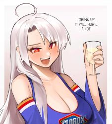 Rule 34 | 1girl, :d, ahoge, arms behind back, artist name, bare shoulders, bleach (chemical), blue dress, blush, breasts, cleavage, clorox, clorox-chan, collarbone, commentary, cup, dress, drinking glass, english commentary, english text, eyelashes, eyes visible through hair, hand up, heart, heart-shaped pupils, highres, holding, holding cup, kumaartsu, large breasts, logo, long hair, looking at viewer, open mouth, original, personification, red eyes, redrawn, simple background, smile, solo, speech bubble, symbol-shaped pupils, upper body, white background, white hair