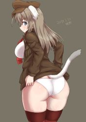 Rule 34 | animal ears, ass, bad id, bad pixiv id, blue eyes, breasts, cat ears, cat tail, dakku (ogitsune), garrison cap, hat, highres, jacket, light brown hair, long hair, looking at viewer, looking back, military, military uniform, panties, red thighhighs, scarf, smile, solo, striped clothes, striped thighhighs, tail, thighhighs, underwear, uniform, white panties, wilma bishop, world witches series