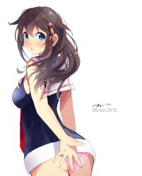 Rule 34 | 10s, 1girl, 2015, adapted costume, ass, blue eyes, blush, breasts, brown hair, covering privates, covering ass, cowboy shot, dated, from behind, hair down, hair flaps, hair ornament, jpeg artifacts, kantai collection, long hair, looking at viewer, looking back, no pants, open mouth, panties, pantyshot, pink panties, sailor collar, school uniform, serafuku, shigure (kancolle), shigure kai ni (kancolle), signature, simple background, sleeveless, solo, standing, tebi (tbd11), underwear, white background