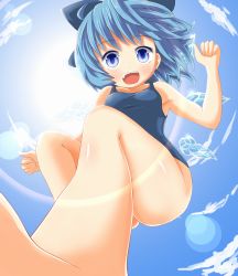 Rule 34 | 1girl, blue eyes, blue hair, bow, cirno, foreshortening, hair bow, ice, ice wings, maromi gou, matching hair/eyes, one-piece swimsuit, open mouth, school swimsuit, short hair, smile, solo, swimsuit, touhou, wings