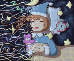 Rule 34 | 1girl, absurdres, alarm clock, avogado6, blue background, blue hat, blue pajamas, bob cut, brown hair, clock, closed eyes, collared shirt, commentary, facing up, facing viewer, from above, hat, head on pillow, highres, long sleeves, lying, nightcap, on back, open mouth, original, own hands clasped, own hands together, pajamas, shirt, short hair, sleeping, solo, star (symbol), stuffed animal, stuffed toy, teddy bear, under covers, unraveling, upper body, yarn