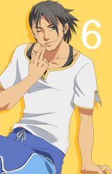 Rule 34 | 00s, 1boy, black hair, celestial s, countdown, facial hair, green eyes, male focus, official alternate costume, one eye closed, pii (celestial songs), raven (tales), shirt, shorts, sitting, solo, stubble, tales of (series), tales of vesperia, wink, yellow background