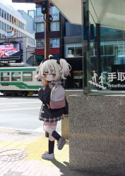 Rule 34 | 1girl, ahoge, backpack, bag, black jacket, black skirt, black socks, blush, brown eyes, building, closed mouth, commentary request, day, grey footwear, grey hair, hair ornament, hairclip, highres, holding strap, jacket, long sleeves, looking at viewer, looking to the side, nakkar, original, outdoors, photo background, plaid, plaid skirt, pleated skirt, puffy long sleeves, puffy sleeves, road, shoes, skirt, sleeves past wrists, socks, solo, standing, standing on one leg, street, twintails, twitter username, watermark, window