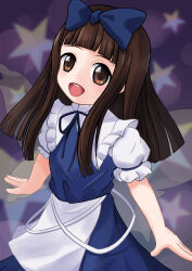 Rule 34 | 1girl, :d, absurdres, apron, arms up, blue bow, blue dress, blue ribbon, blunt bangs, bow, brown eyes, brown hair, commentary request, cowboy shot, dress, fairy wings, frilled shirt collar, frills, hair bow, happy, highres, kspica i, long hair, looking at viewer, open mouth, puffy short sleeves, puffy sleeves, purple background, ribbon, short sleeves, sidelocks, simple background, smile, solo, star (symbol), star sapphire, starry background, teeth, touhou, upper teeth only, waist apron, wings