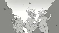 Rule 34 | 3girls, ahoge, animated, audible music, audible speech, breasts, cleavage, dress, expressionless, closed eyes, flat chest, foliage, glasses, greyscale, holding hands, huge filesize, insomnia-chan, interlocked fingers, kay yu, large breasts, long hair, long shirt, medium hair, monochrome, multiple girls, open mouth, original, overall shorts, overalls, paguroidea, pink-haired girl (kay yu), ponytail, running, semi-rimless eyewear, shoes, short eyebrows, short sleeves, shoujo shuumatsu ryokou, sidelocks, skipping, smile, sneakers, sound, sundress, tagme, thighhighs, under-rim eyewear, video, video