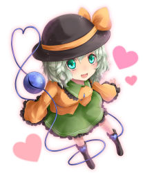 Rule 34 | 1girl, absurdres, blush, bow, female focus, from above, green eyes, green hair, hat, hat bow, heart, heart of string, highres, komeiji koishi, long sleeves, looking up, matching hair/eyes, open mouth, sakura ran, short hair, simple background, skirt, sleeves past wrists, smile, solo, third eye, touhou, white background