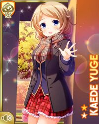 Rule 34 | 1girl, :d, against wall, blonde hair, blue eyes, blue jacket, brown coat, card, character name, coat, day, girlfriend (kari), jacket, looking down, necktie, official art, open mouth, outdoors, plaid, plaid skirt, qp:flapper, red necktie, red skirt, scarf, school uniform, shirt, skirt, smile, solo, tagme, valentine, white shirt, winter clothes, winter coat, yuge kaede