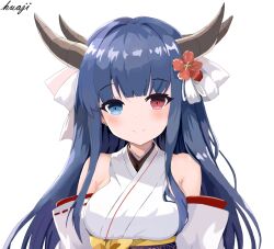 Rule 34 | 1girl, azur lane, bare shoulders, blue eyes, blue hair, closed mouth, detached sleeves, flower, hair flower, hair ornament, hair ribbon, heterochromia, highres, horns, ibuki (azur lane), japanese clothes, long hair, looking at viewer, rainbowlife, red eyes, ribbon, ribbon-trimmed sleeves, ribbon trim, signature, simple background, smile, solo, upper body, white background, white ribbon, white sleeves