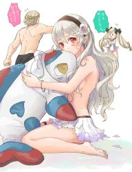 Rule 34 | 1boy, 2girls, black bow, black male swimwear, black swim trunks, blonde hair, book, bow, bracelet, brother and sister, corrin (female) (fire emblem), corrin (female) (summer) (fire emblem), corrin (fire emblem), elise (fire emblem), fire emblem, fire emblem fates, fire emblem heroes, flower, from behind, hair bow, hair flower, hair ornament, hairband, holding, holding book, jewelry, lilith (fire emblem), long hair, male swimwear, multicolored hair, multiple girls, nintendo, official alternate costume, one-piece swimsuit, open mouth, pointy ears, purple hair, red eyes, robaco, short hair, siblings, simple background, sitting, swim trunks, swimsuit, topless, topless male, torn clothes, torn swimsuit, twintails, white background, white hair, xander (fire emblem)