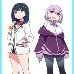 Rule 34 | 10s, 2girls, :d, arms at sides, black hair, black pantyhose, black skirt, blue eyes, bow, bowtie, breasts, cardigan, chan co, collared shirt, commentary request, drinking straw, earphones, gridman universe, hand in pocket, holding, jacket, long hair, long sleeves, looking at viewer, looking back, medium breasts, miniskirt, multiple girls, open clothes, open jacket, open mouth, orange scrunchie, pantyhose, partially unzipped, pillarboxed, pink eyes, pink hair, pleated skirt, purple bow, purple jacket, purple neckwear, red neckwear, school uniform, scrunchie, shirt, short hair, simple background, skirt, sleeves past wrists, smile, ssss.gridman, standing, takarada rikka, white background, white cardigan, white shirt, zipper pull tab