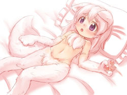 Rule 34 | 1girl, animal ears, bed, blush, flat chest, furry, furry female, lying, navel, nude, on back, purple eyes, solo, tail, ueno musashi