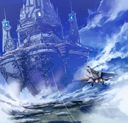 Rule 34 | aircraft, airplane, building, cloud, day, floating island, gregorius yamada, jet, lawson, megastructure, no humans, pixiv fantasia, scenery, sky
