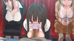 Rule 34 | 1boy, 3girls, bag, black eyes, black hair, bow, bowtie, breasts, breasts out, brown hair, carrying, carrying under arm, censored, cleavage, closed eyes, crossed arms, fellatio, fellatio under mask, handbag, highres, large breasts, legs, light brown hair, long hair, long sleeves, looking at viewer, mask, matching hair/eyes, mosaic censoring, mouth mask, multiple girls, nymphomatic city, oral, original, penis, pov, red neckwear, school uniform, short hair, sitting, sleeping, standing, surgical mask, thighs, touji (tj studio), train, train interior, unbuttoned, unbuttoned shirt