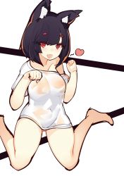Rule 34 | 1girl, absurdres, animal ears, azur lane, black hair, blouse, bottomless, breasts, cat ears, commentary request, covered erect nipples, heart, highres, large breasts, looking at viewer, naked shirt, no bra, no panties, off shoulder, rain lan, red eyes, see-through, shirt, short hair, white shirt, yamashiro (azur lane)