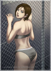 Rule 34 | 1girl, against fence, ass, azasuke, back, blue eyes, bra, brown hair, chain-link fence, fence, green eyes, grey bra, grey panties, highres, jill valentine, lingerie, looking back, open mouth, panties, resident evil, resident evil 3, resident evil 3: nemesis, short hair, solo, strapless, strapless bra, underwear, underwear only