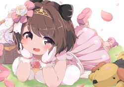 Rule 34 | 1girl, :d, blush, breasts, brown eyes, brown hair, dot nose, draph, dress, dress flower, elbow rest, gloves, granblue fantasy, grass, hands on own cheeks, hands on own face, happy, highres, horns, large breasts, leg up, looking at viewer, lying, mizohana (orb-01), on stomach, open mouth, oppai loli, outdoors, petals, pink dress, pink footwear, short hair, sleeveless, sleeveless dress, smile, stuffed animal, stuffed toy, tareme, tiara, white dress, white gloves, yaia (granblue fantasy)