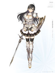 Rule 34 | 1girl, armor, armored boots, artist name, black eyes, black hair, black skirt, black thighhighs, boots, breasts, cleavage, cross, cross earrings, earrings, frilled skirt, frills, full body, gauntlets, hand on own hip, highres, holding, holding sword, holding weapon, jewelry, long hair, looking at viewer, medium breasts, pauldrons, shining (series), shining resonance, shoulder armor, simple background, skirt, smile, solo, sonia blanche, standing, sword, thigh boots, thighhighs, tony taka, weapon, white background, zettai ryouiki