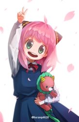 Rule 34 | 1girl, :d, absurdres, anya (spy x family), arm up, child, dress, green eyes, hairpods, highres, holding, holding stuffed toy, horang4628, long sleeves, looking at viewer, neck ribbon, open mouth, pink hair, ribbon, round teeth, smile, spy x family, stuffed animal, stuffed toy, teeth, twitter username, upper teeth only, v
