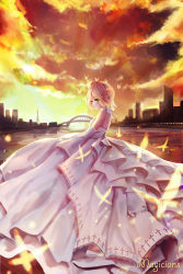 Rule 34 | 1girl, alternate costume, artist name, artoria pendragon (all), artoria pendragon (fate), bad id, bad pixiv id, blonde hair, bridge, bug, butterfly, city, cityscape, cloud, cloudy sky, dress, elbow gloves, fate/stay night, fate (series), from side, gloves, green eyes, highres, insect, lamppost, light particles, looking to the side, magicians (zhkahogigzkh), orange sky, profile, reflection, river, saber (fate), sky, smile, solo, sunset, tower, wedding dress, white dress
