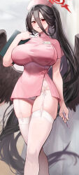Rule 34 | 1girl, absurdres, alternate costume, black hair, blue archive, blush, breasts, feet out of frame, garter straps, hair between eyes, halo, hand up, hasumi (blue archive), hat, highres, ito uuu, large breasts, long hair, looking at viewer, low wings, mole, mole under eye, nurse, nurse cap, pink headwear, ponytail, red eyes, red halo, standing, thighhighs, thighs, white garter straps, white thighhighs, wings