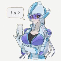 Rule 34 | 1girl, breasts, cleavage, commentary request, cup, gloves, hand up, helmet, highres, holding, holding cup, jumpsuit, large breasts, long hair, milk, motorcycle helmet, open mouth, partially unzipped, r42r98r, solo, stardust dragon, translation request, white hair, yellow eyes, yu-gi-oh!, yu-gi-oh! cross duel