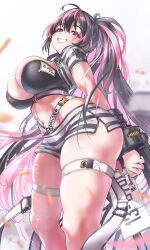 Rule 34 | 1girl, arms behind back, belt, bikini, bikini top only, black hair, bound, breasts, chest harness, cleavage, clothes writing, cuffs, feet out of frame, goddess of victory: nikke, grin, hair between eyes, harness, high ponytail, highres, holding, huge breasts, light blush, long hair, midriff, multicolored hair, navel, nekoguchi, o-ring, pink hair, prison clothes, quency (nikke), red eyes, short shorts, short sleeves, shorts, sidelocks, signature, skindentation, smile, solo, swimsuit, thigh belt, thigh strap, thighs, twitter username, two-tone hair, very long hair