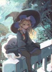 Rule 34 | 1girl, absurdres, black dress, black hat, blonde hair, bow, braid, commentary request, dress, hair bow, hat, highres, kirisame marisa, long hair, long sleeves, one-hour drawing challenge, pantyhose, red bow, shi chimi, shirt, single braid, sitting, solo, touhou, tree, white shirt, witch hat, yellow eyes
