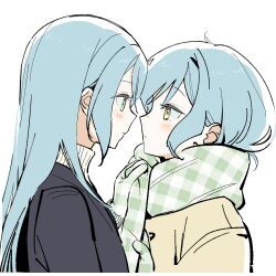 2girls aqua_hair bang_dream! blush closed_mouth commentary_request eye_contact green_eyes green_scarf highres hikawa_hina hikawa_sayo incest korean_commentary long_hair looking_at_another multiple_girls plaid_clothes plaid_scarf scarf short_hair siblings simple_background sisters twincest twins unmoving_pattern upper_body white_background yellow_eyes yuri zihacheol