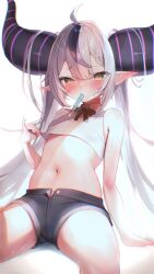 Rule 34 | 1girl, ahoge, alternate costume, bare shoulders, black horns, black shorts, blush, braid, braided bangs, breasts, demon horns, food, food in mouth, grey hair, highres, hololive, horns, la+ darknesss, long hair, looking at viewer, maru ccy, multicolored hair, navel, pointy ears, popsicle, popsicle in mouth, purple hair, short shorts, shorts, small breasts, solo, streaked hair, striped horns, sweat, virtual youtuber, yellow eyes