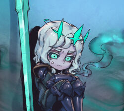 Rule 34 | 1boy, armor, armored boots, black armor, black sclera, boots, colored sclera, crossed arms, crown, gauntlets, green background, green eyes, grey background, grey hair, knees up, league of legends, medium hair, phantom ix row, sad, sitting, solo, sword, tears, viego (league of legends), weapon