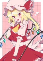 Rule 34 | 1girl, :d, absurdres, ascot, back bow, bad id, bad twitter id, blonde hair, blush, bow, breasts, checkered background, collar, commentary, crystal, eyelashes, fang, fingernails, flandre scarlet, frilled ascot, frilled collar, frilled shirt collar, frilled skirt, frilled sleeves, frills, full body, grid background, hair between eyes, hat, hat ribbon, heart, highres, laevatein (touhou), looking at viewer, medium breasts, mob cap, open mouth, outside border, pink background, puffy short sleeves, puffy sleeves, red bow, red eyes, red footwear, red ribbon, revision, ribbon, sash, short hair, short sleeves, side ponytail, skirt, smile, solo, touhou, white sash, wings, wrist cuffs, yoriteruru