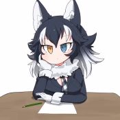 Rule 34 | 1girl, animal ear fluff, animal ears, animated, arm rest, black hair, blinking, blue eyes, breast pocket, chibi, closed mouth, commentary request, elbow rest, expressionless, fur collar, grey hair, grey wolf (kemono friends), hair between eyes, hand on own cheek, hand on own face, head rest, heterochromia, jacket, kemono friends, long hair, long sleeves, looking up, multicolored hair, necktie, paper, pencil, plaid necktie, plaid neckwear, pocket, simple background, solo, table, tapping, tapping finger, tareme, taro (tontaro), two-tone hair, upper body, video, white background, wolf ears, wolf girl, yellow eyes