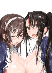Rule 34 | 10s, 2girls, absurdres, ashigara (kancolle), bad id, bad pixiv id, black eyes, black hair, blush, breast press, breasts, brown hair, cum, cum in mouth, cum on body, cum on breasts, cum on upper body, facial, hairband, highres, kantai collection, kylin, large breasts, long hair, multiple girls, nachi (kancolle), nipples, one eye closed, open clothes, side ponytail, sidelocks, simple background, symmetrical docking, tears, tongue, tongue out, uniform, white background