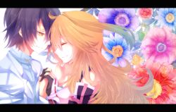 Rule 34 | 1boy, 1girl, ahoge, ajuvyrvosjfj, bad id, bad pixiv id, black hair, blonde hair, blue hair, couple, closed eyes, flower, gradient hair, hand on another&#039;s face, hand on own face, hetero, holding hands, jude mathis, letterboxed, long hair, milla maxwell, multicolored hair, official alternate costume, smile, tales of (series), tales of xillia, yellow eyes