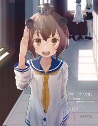 Rule 34 | 3girls, blue sailor collar, bonozako, brown eyes, brown hair, commentary request, commission, cowboy shot, dress, hallway, hatsukaze (kancolle), headgear, highres, kantai collection, multiple girls, neckerchief, open mouth, round teeth, sailor collar, sailor dress, short hair, smile, solo focus, speaking tube headset, teeth, tokitsukaze (kancolle), translation request, upper teeth only, white dress, yellow neckerchief, yukikaze (kancolle)