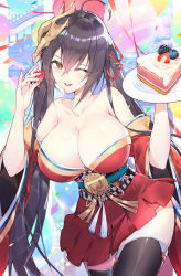 Rule 34 | 1girl, ahoge, azur lane, bare shoulders, black hair, black thighhighs, blackberry (fruit), blueberry, blush, breasts, cake, calder, cleavage, collarbone, food, fruit, hair between eyes, hair ribbon, highres, huge breasts, japanese clothes, kimono, long hair, looking at viewer, mask, mask on head, obi, one eye closed, open mouth, plate, red eyes, red kimono, red ribbon, ribbon, sash, short kimono, smile, solo, strawberry, taihou (azur lane), tassel, thighhighs, thighs, twintails, very long hair, wide sleeves