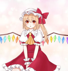 Rule 34 | 1girl, ascot, blonde hair, blush, bow, collared shirt, commentary request, crystal, dress, eyes visible through hair, flandre scarlet, hair between eyes, hat, hat bow, highres, jewelry, looking at viewer, mob cap, multicolored wings, one side up, open mouth, orange background, piyoru nico, puffy short sleeves, puffy sleeves, red bow, red dress, red eyes, shirt, short hair, short sleeves, simple background, sitting, solo, touhou, white hat, white shirt, wings, wrist cuffs, yellow ascot