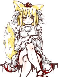 Rule 34 | 1girl, animal ears, blonde hair, blush, crossed arms, crossed legs, detached sleeves, female focus, fox tail, hat, sandals, simple background, sitting, solo, tagme, tail, tokin hat, touhou, white background, yellow eyes